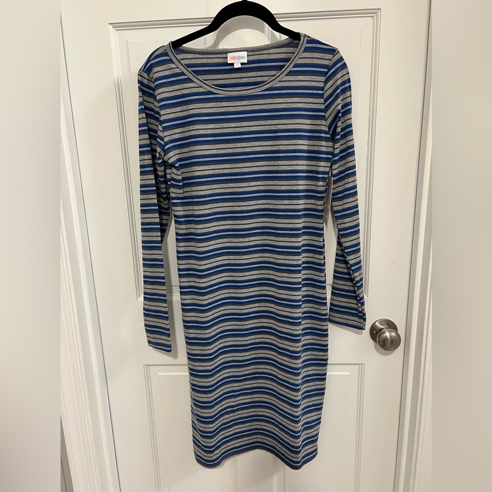 LuLaRoe Blue and Gray Striped Dress